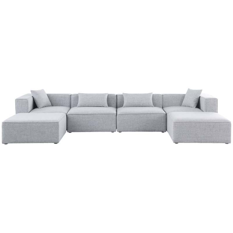 Cube Upholstered U-Shaped Sectional Reversible, Grey Linen Textured Fabric