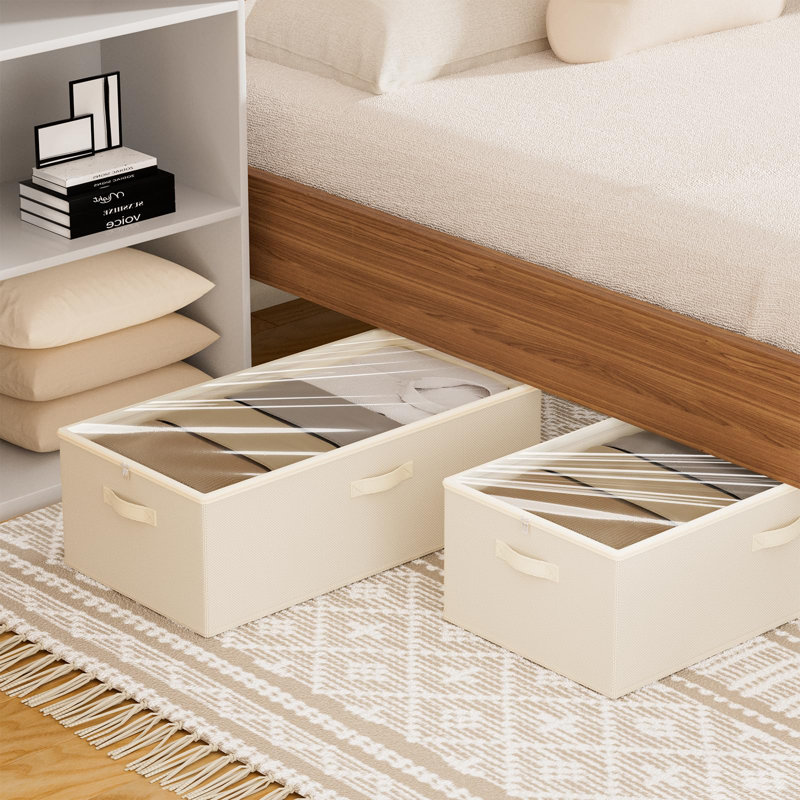 Paquet de 10 contenants de rangement sous le lit de 10 pouces, bac de rangement sous le lit de 10 pouces de hauteur avec fenêtre transparente, panier pliable pour vêtements, placard, draps et couvertures beige
