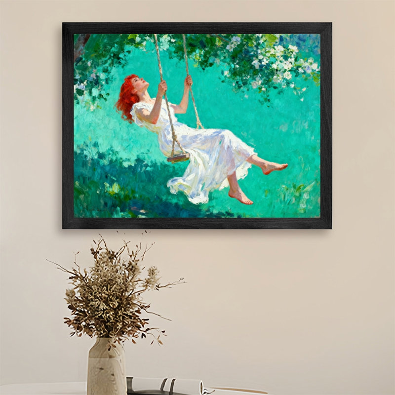 Art encadré noir, "La dame dans une robe sur la balançoire", H 25 po x l 37 po
