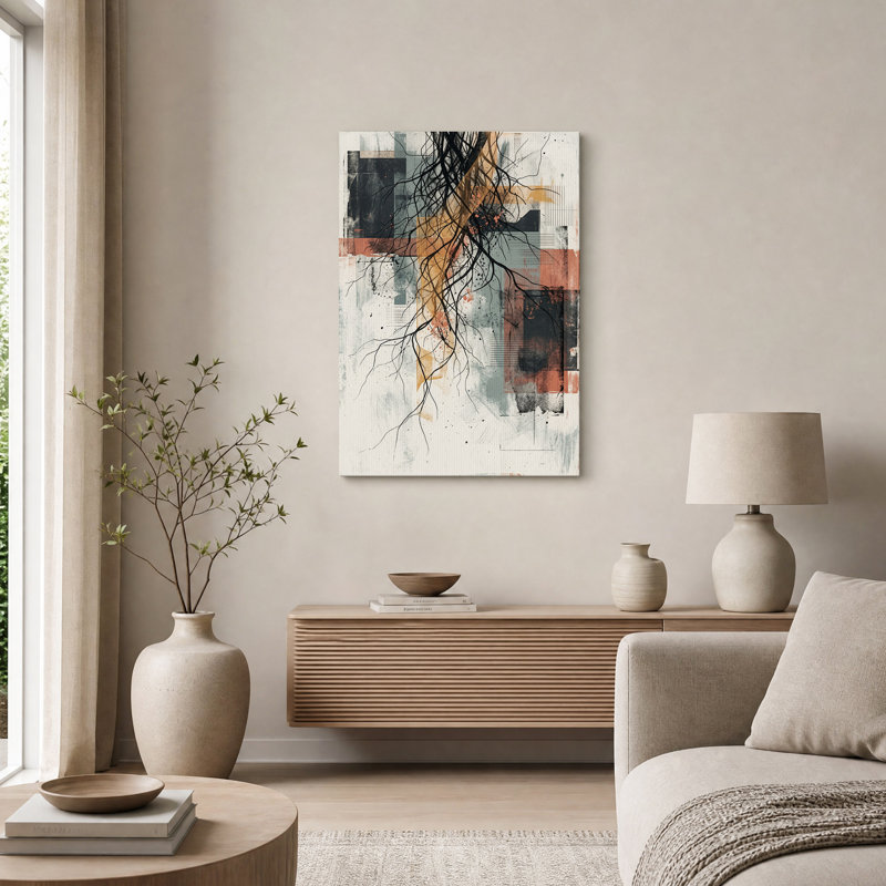 Racines noires enchevêtrées sur toile murale à blocs géométriques rouille et gris, H 48 po x l 36 po