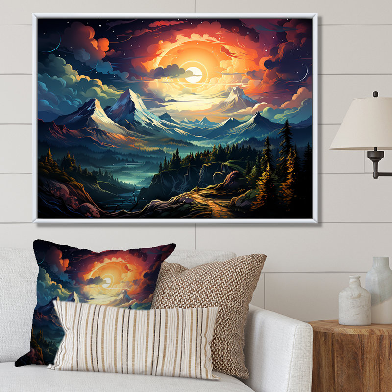 «Dreamy Mountain Scenery At Night II», art mural paysage d'hiver, Cadre flottant brun, H 12 po x l 20 po x P 1 po