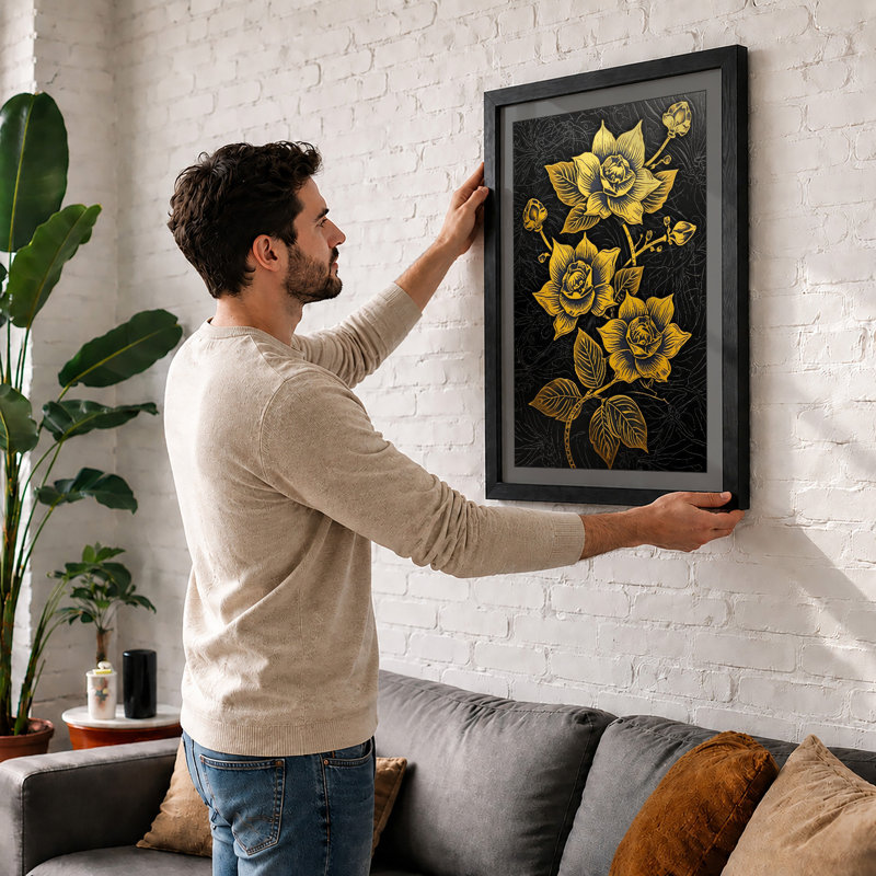 Golden Roses Botanical - Framed Print, A2 - 59.4 x 42.0 cm, Black