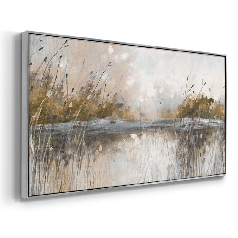 Vue sur le lac Honeybloom - Toile tendue avec châssis, prête à accrocher, H 21 po x l 41 po, Argent argent