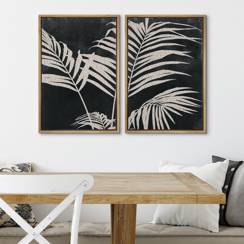 Black White Palm Tree Leaf Minimalist Artwork Neutral Decor Framed Canvas 2 Pieces Print Wall Art, Floater Framed Print