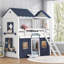 Structure de lit superposé, conception de maisonnette pour chambre d'enfant, lit simple en bois massif avec finition blanche et détails de tente intégrés