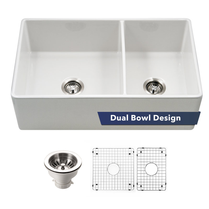 Houzer 33 in Fireclay Apron Front 60/40 Double Kitchen Sink w/ Strainer,Grids-PTD-6040 WH-C