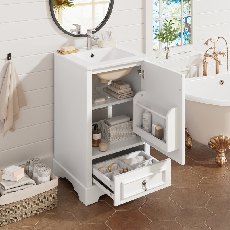 Meuble-lavabo simple de 20 po avec plateau en céramique, tablette ajustable en U et tiroir divisé, Blanc
