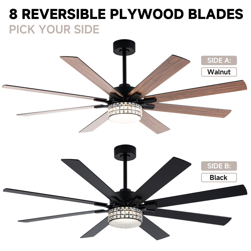65 in. 8-Blade Black Finish Low Profile Downrod Crystal Ceiling Fan with Integrated LED, Two-Toned Blades, 65 inch