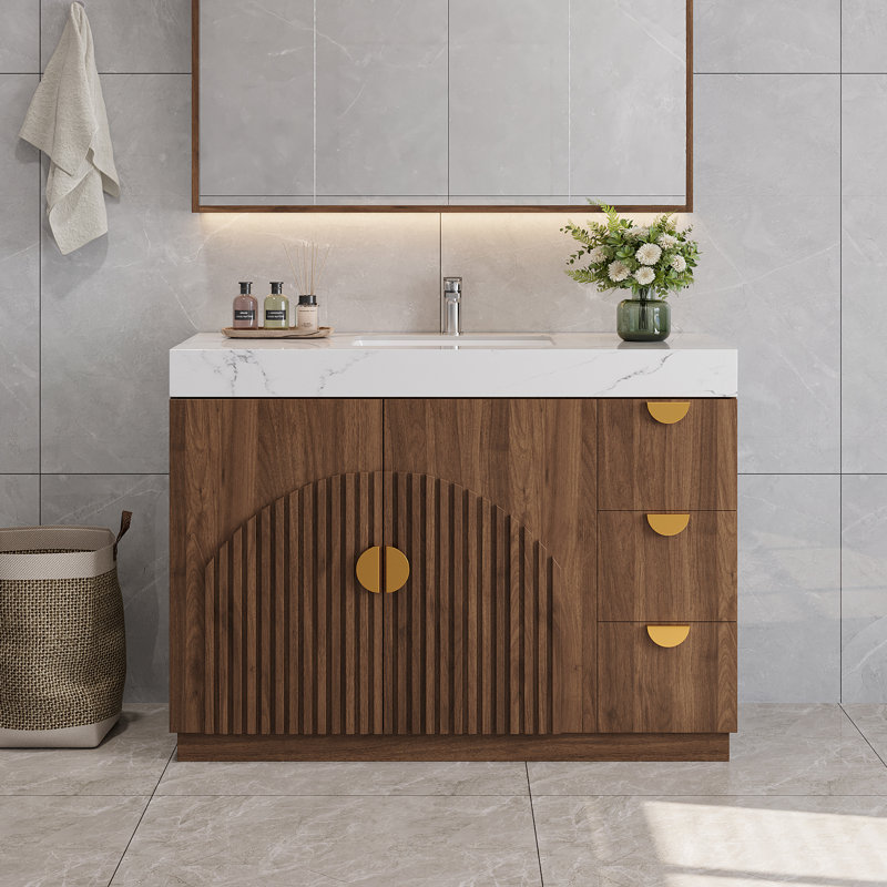 Meuble-lavabo autoportant de 48 po avec lavabo, comptoir en pierre, tiroirs à fermeture en douceur et armoire de rangement réglable