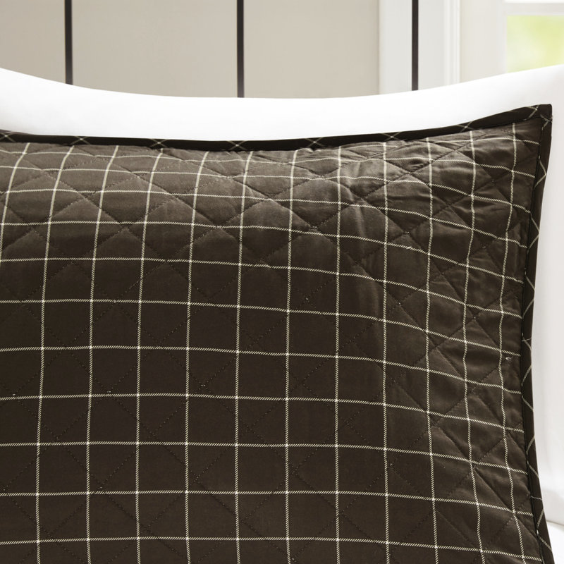 Reversible Quilt - 3 Pieces, Black/Brown, Microfiber Back, Zippered Shams Microfiber, Plaid Reverse, Machine Washable