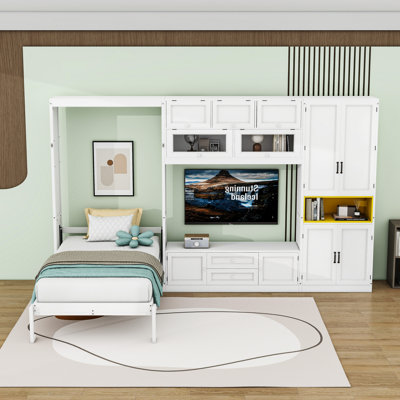 Twin 2 Drawers Wood Murphy Bed with Shelves and Cabinets