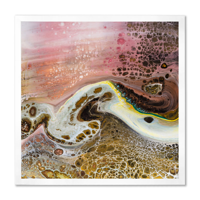 Art liquide blanc avec vagues roses et jaunes - impression sur toile moderne, H 36 po x l 36 po x P 1 po, Cadre photo blanc