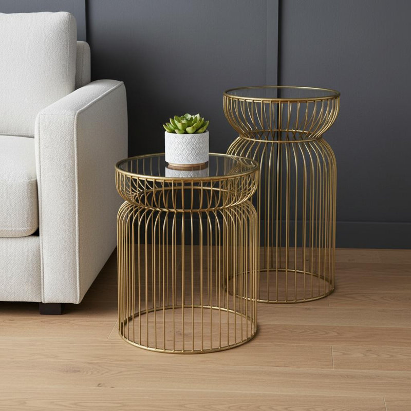 Ensemble de deux tables de bout cylindriques en verre trempé transparent et doré