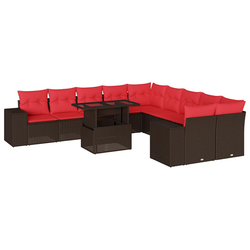 Ensemble de canapé de patio 11 pièces avec coussins en rotin de polyester, Rouge, Brun