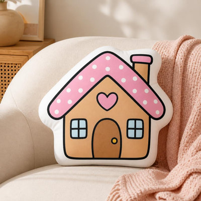 1pc Cute Heart House Cartoon Graphic 2D Flat Printing Shaped Stuffed Throw Pillow Decorative Cushion Pillow for Gift Bedroom Sofa Room Party Decor, 23.62inch