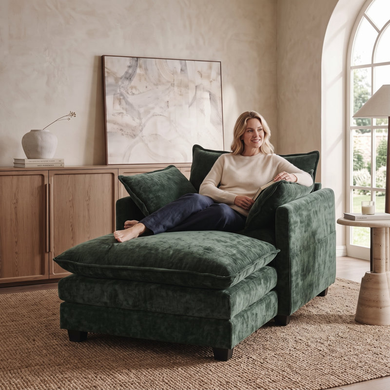 Fauteuil d'appoint surdimensionné en chenille de 102 cm avec repose-pieds, fauteuil lounge à assise profonde, Green Chenille
