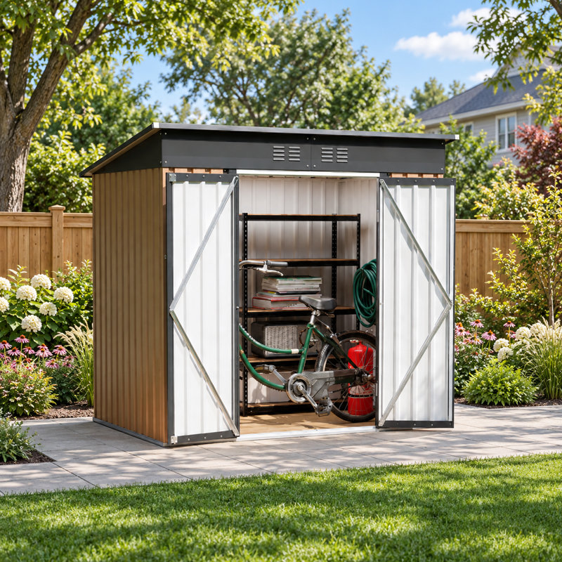 6 x 4 ft Brown Metal Outdoor Storage Shed with Hinged Double Doors, Pent Roof Weather Resistant Garden Utility Shed