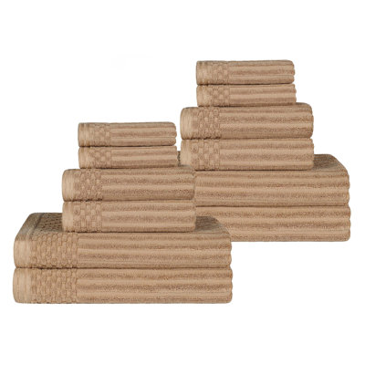12-Piece Solid Highly Absorbent  and Checkered Border Cotton Towel Set