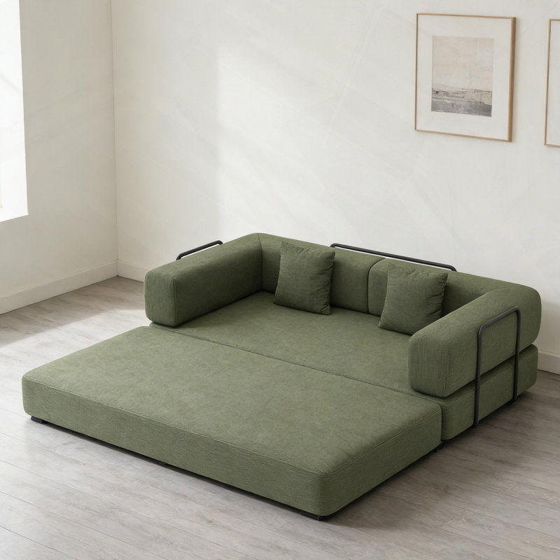 Convertible Sleeper Sofa Bed with Cylindrical Pillow and Fixed-Shape Frame for Multi-Functional Living Spaces., Green