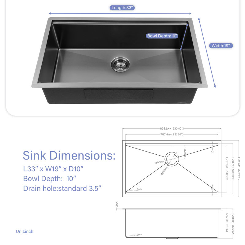 33" L x 19" W Single Bowl Stainless Steel Undermount Kitchen Sink, 10" H x 33" W x 19" D