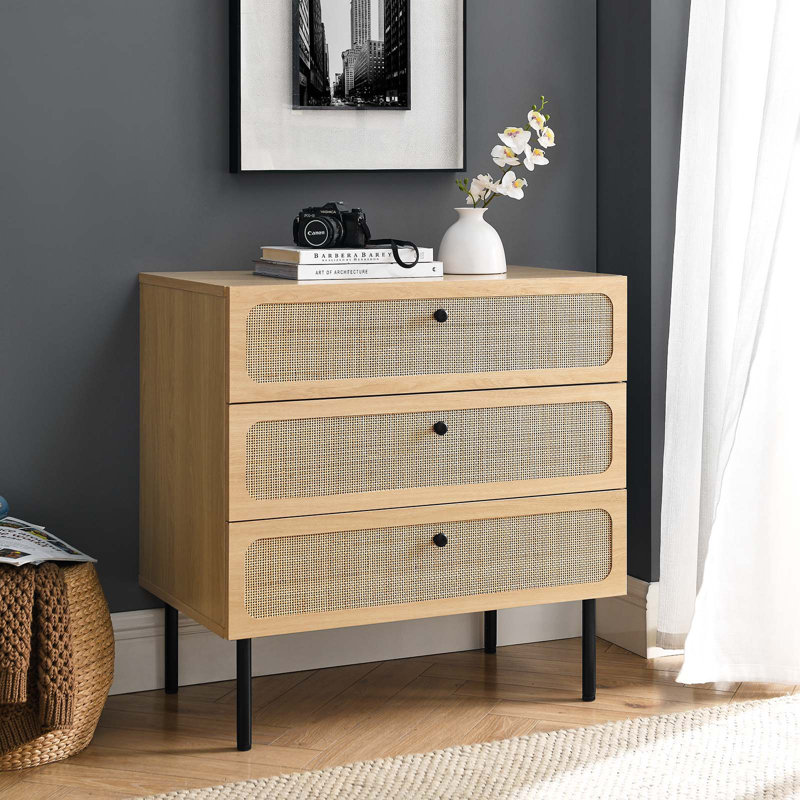 Oak and Black 3-Drawer Chest with Rattan Fronts
