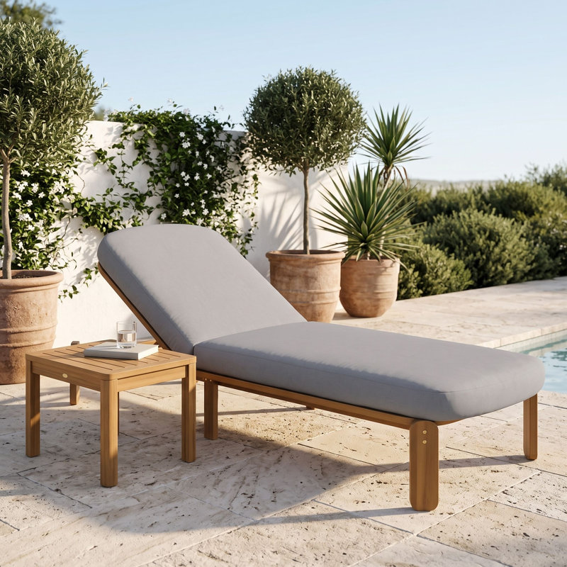 Chaise longue d'extérieur en bois d'acacia avec dossier réglable à 3 positions et coussins pour solarium, Gris
