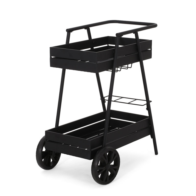 Chariot-bar mobile d'aspect industriel moderne, fabrication en fer, espaces pour bouteilles de vin - l 27,25 po x P 16,9 po, H 31,75 po, style noir, cadre, 3 supports