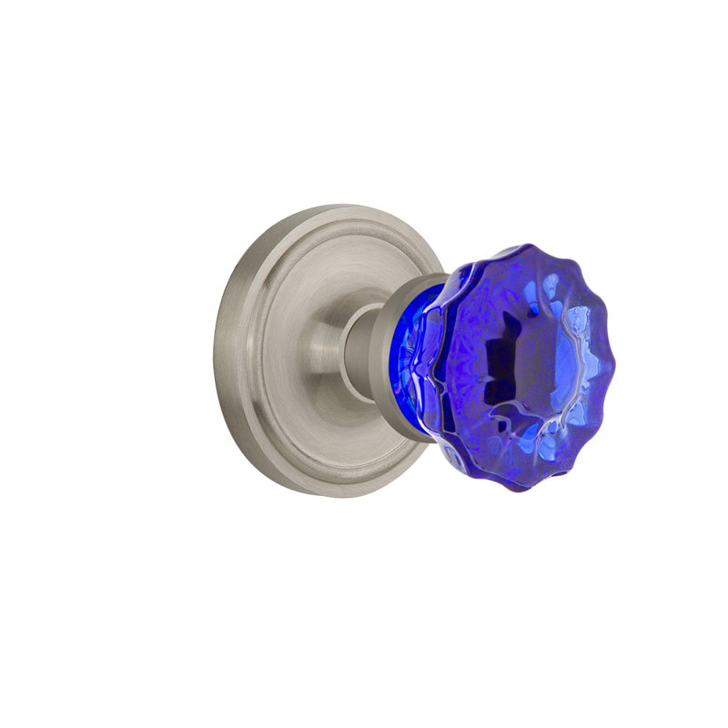 Classic Rosette with Crystal Cobalt Door Knob, Satin Nickel