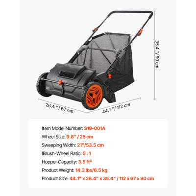 Push Lawn Sweeper, 21inch Leaf & Grass Collector, Strong Plastic Wheels & Heavy-Duty Thickened Steel Durable to Use with Large Capacity 3.5 cu. ft. Mesh Collection Hopper Bag, 2 Spinning Brushes