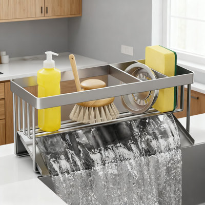 Organisateur d'évier de cuisine en acier inoxydable avec plateau de vidange automatique, éponge de comptoir et porte-savon, support pour égouttoir pour brosse à vaisselle et produits de nettoyage
