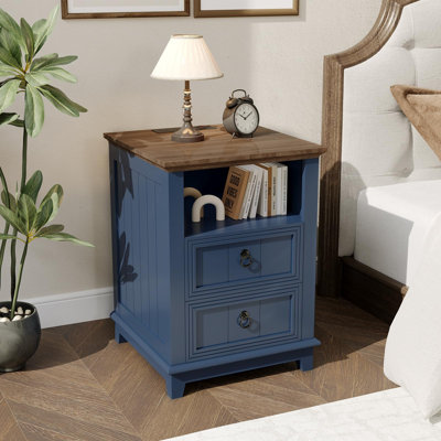 Table de chevet avec station de recharge – Table de chevet de style champêtre avec 2 tiroirs et une étagère ouverte pour la chambre