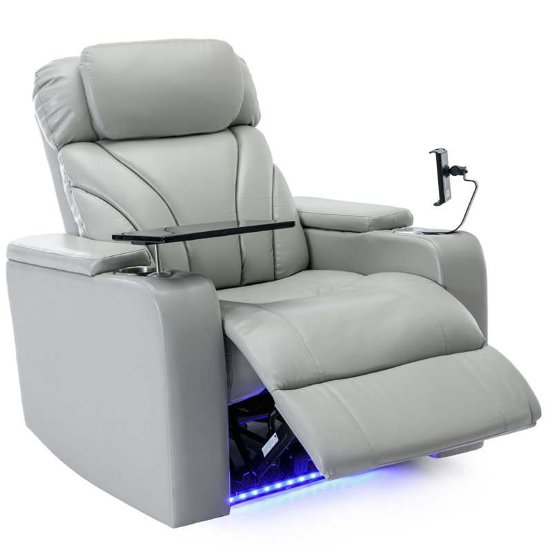 Fauteuil inclinable électrique Power Motion avec port de charge USB, rangement pour bras cachés, porte-gobelet pratique et haut-parleur Bluetooth, gris clair