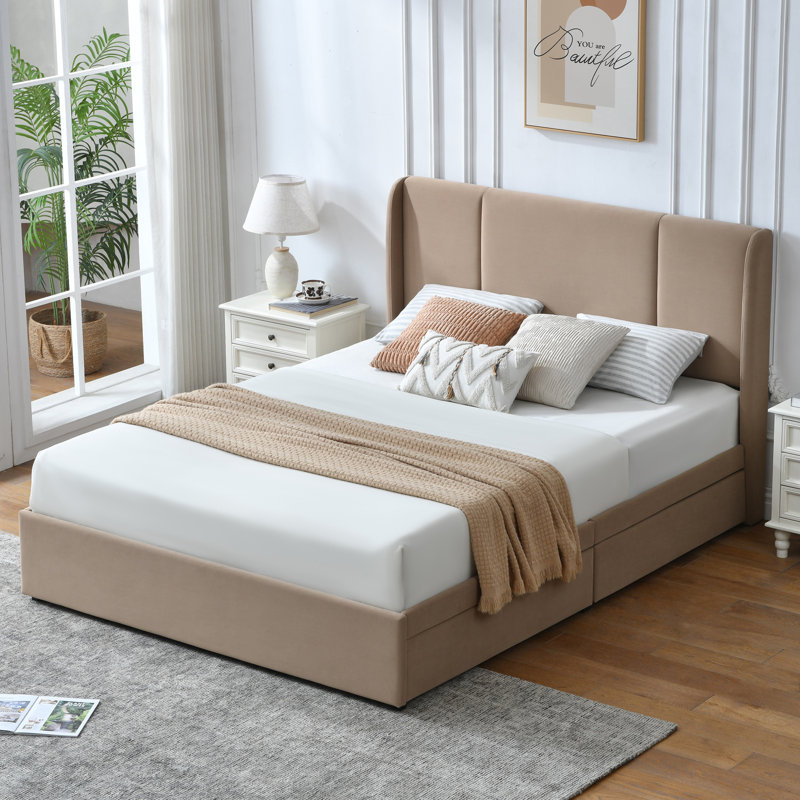 Lit plateforme tapissier avec 4 tiroirs Braya, Double, Brun