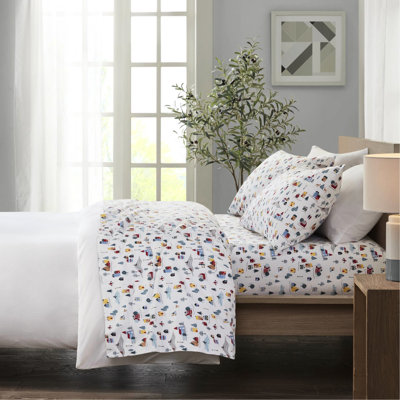 Drap simple en 3 pièces avec charmant imprimé village blanc, 100% flanelle de coton pour un sommeil douillet et confortable, une gamme de motifs imprimés, comprend 2 draps plats et ajustés, des taies d'oreiller élastiques de 12 po