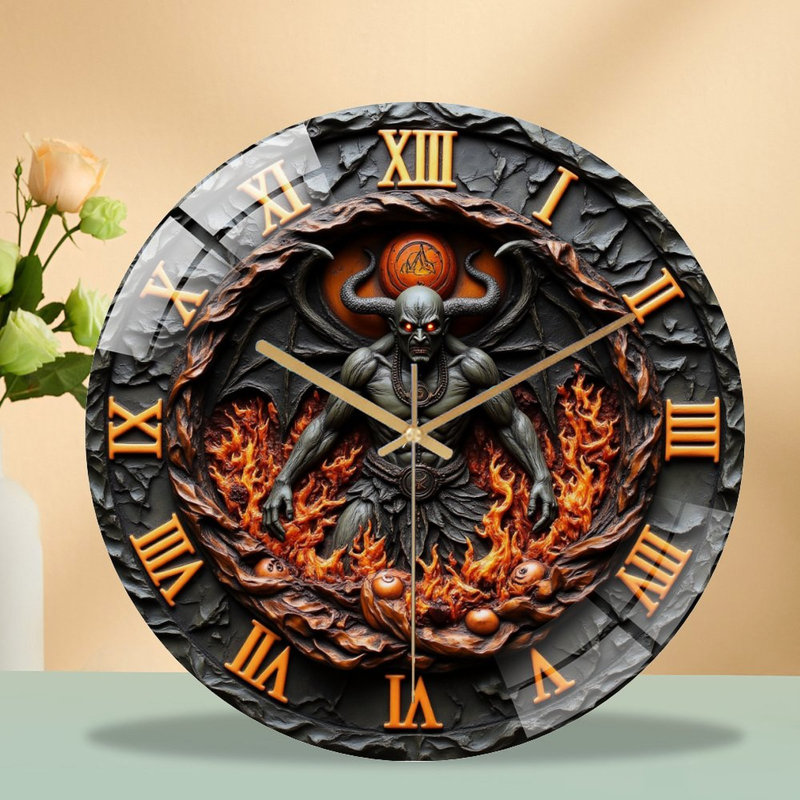 Demon Clock Face Fire Art - 12'' Modern Glass Wall Clock