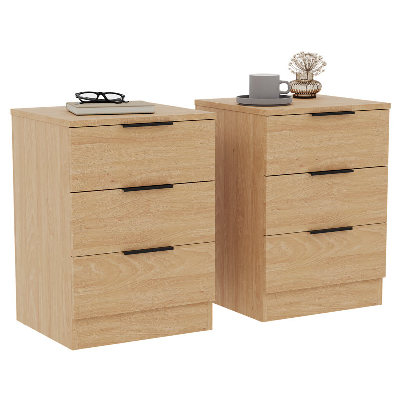Tasheeka 3 Drawer Bedside Chest Modern Bedroom Nightstand Set Of 2, Pine