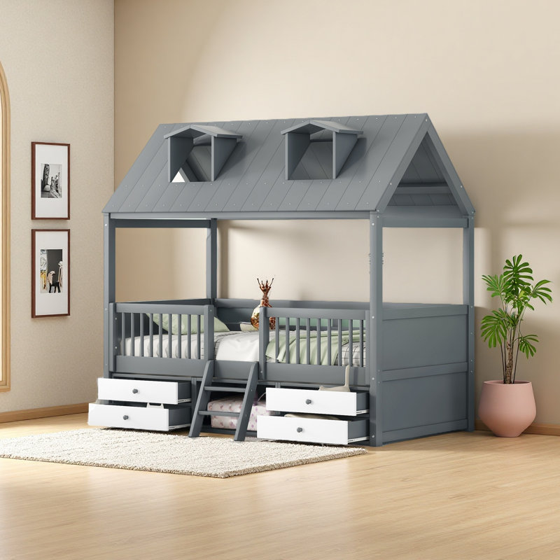 Structure de lit en bois, Gris / Blanc, Lit simple