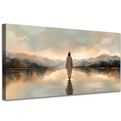 Jesus Walking on Water Wall Art, Warm Religious Home Decor Christian Canvas Wall Art for Living Room Bedroom or Prayer Room, Gallery Wrapped Canvas Print Ready to Hang, (12"x24")