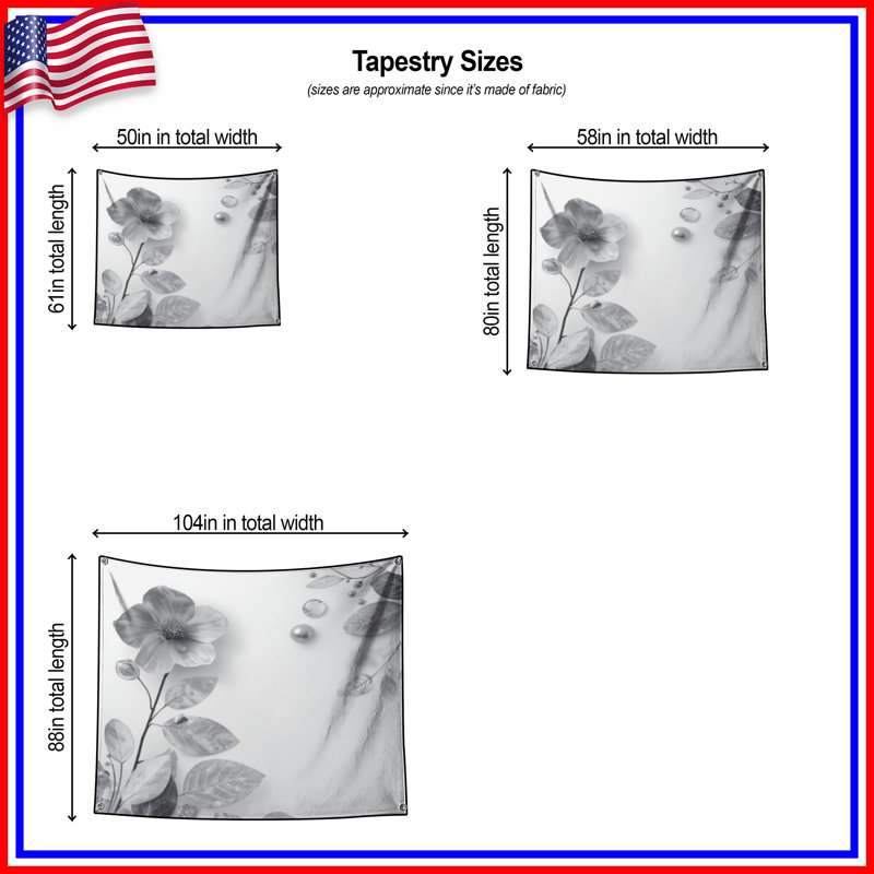 Monochrome Floral Arrangement Wall Tapestry - Flowers Wall Decor, 68in H x80in W with 4 Grommets