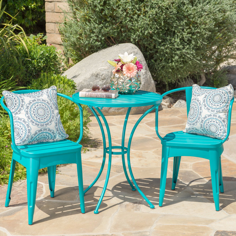 Bistro d'extérieur bleu sarcelle 3 pièces, métal, thermolaqué, eau, table 30 po, l 16,25 po, chaises en fer 3, 24,16 po W & D, thermolaqué, durable