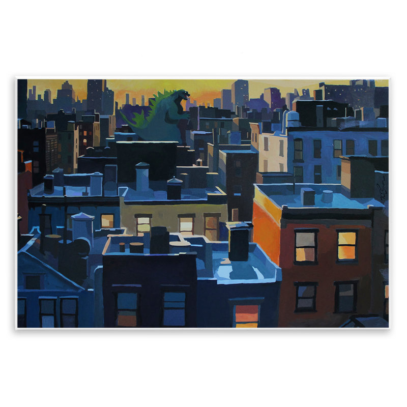 Paysage urbain avec plaque murale monstre lointain, design par Keith Thomson, H 10 po x l 15 po