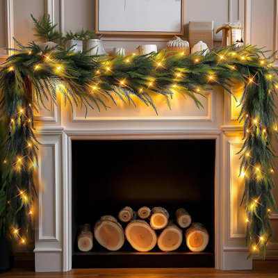 Artificial Pre-Lit Norfolk Pine Garland  Green  50 LED Warm White Lights, Indoor/Outdoor Seasonal Décor