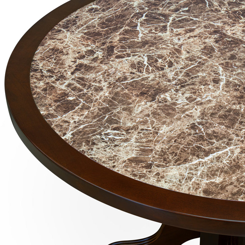 A Round Dining Table with Rippled Sand Marble Pattern tabletop, Mahogany Finish, Mahogany
