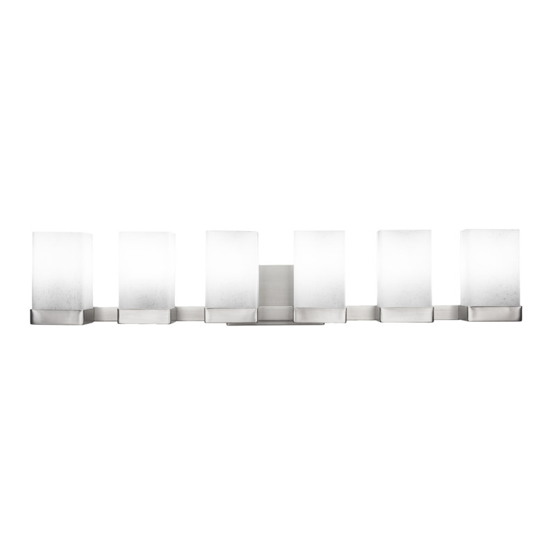 Barre d'éclairage de salle de bain 6 lumières Dace avec verre carré 4 po, Mousseline blanche, Graphite