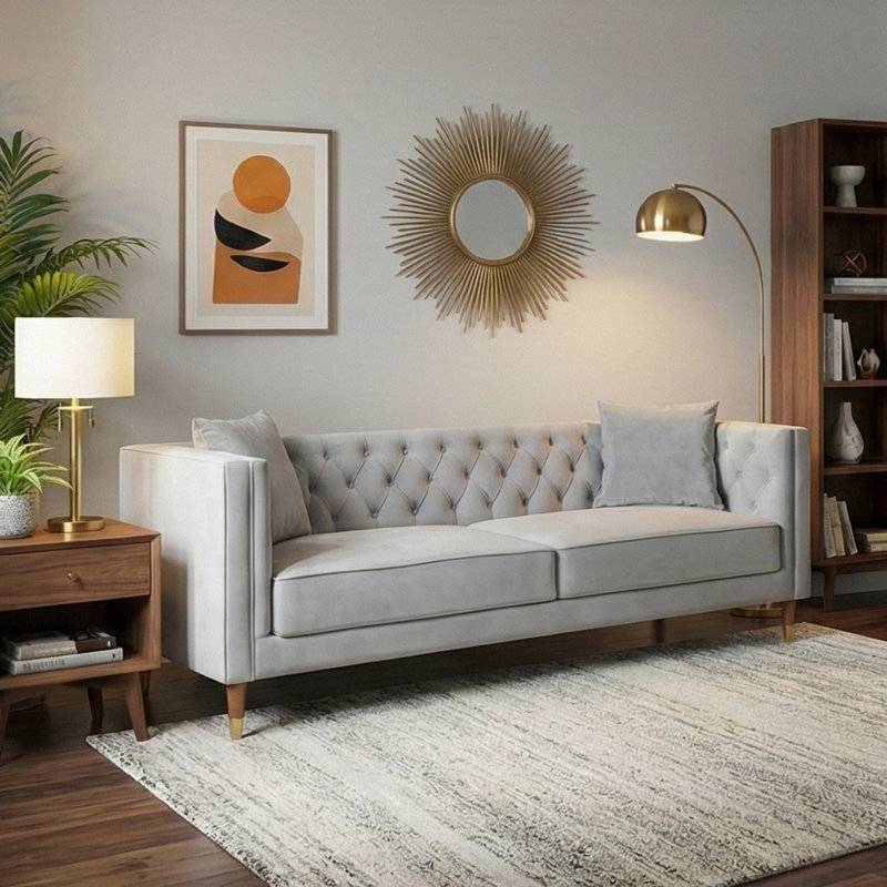 Crebessa 91'' Luxury Modern Tufted Velvet Living Room Sofa Couch, Light Gray
