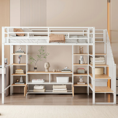 Full Size Metal Loft Bed With Staircase,Low Storage Table And Storage Shelves