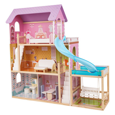EDUBEBO Wooden Dollhouse for 12 Inch Dolls with Pool and Swing, 3 Story Large Doll House for Girls Toy Playhouse, Toddler Pretend Play House Playset, Toy Gift for Kids Ages 3+