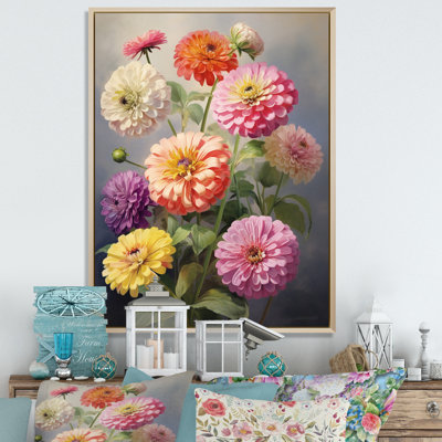 "Colorful Zinnias", impression romantique sur toile encadrée