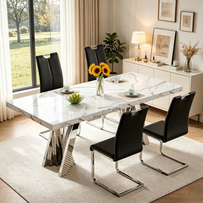 Luxury 70.8" Faux Marble Dining Table and Chairs, Rectangle Dining Room Table Set with Leather Dining Chairs,Modern Dining Table Set for Kitchen Dinin