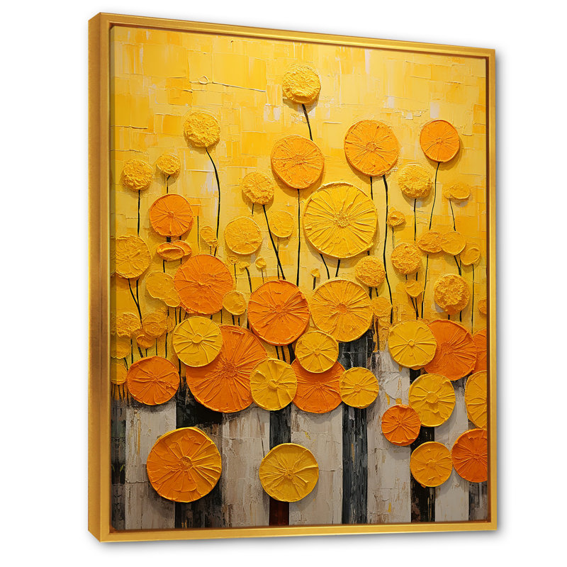 «Yellow Flowers Pottery Garden I», reproduction sur toile, Cadre flottant doré, H 32 po x l 16 po x P 1 po